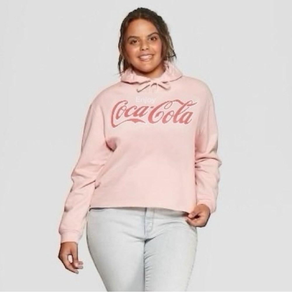 NEW! Coca-Cola Iconic Logo Cropped Pink Fleece Hoodie Size Medium